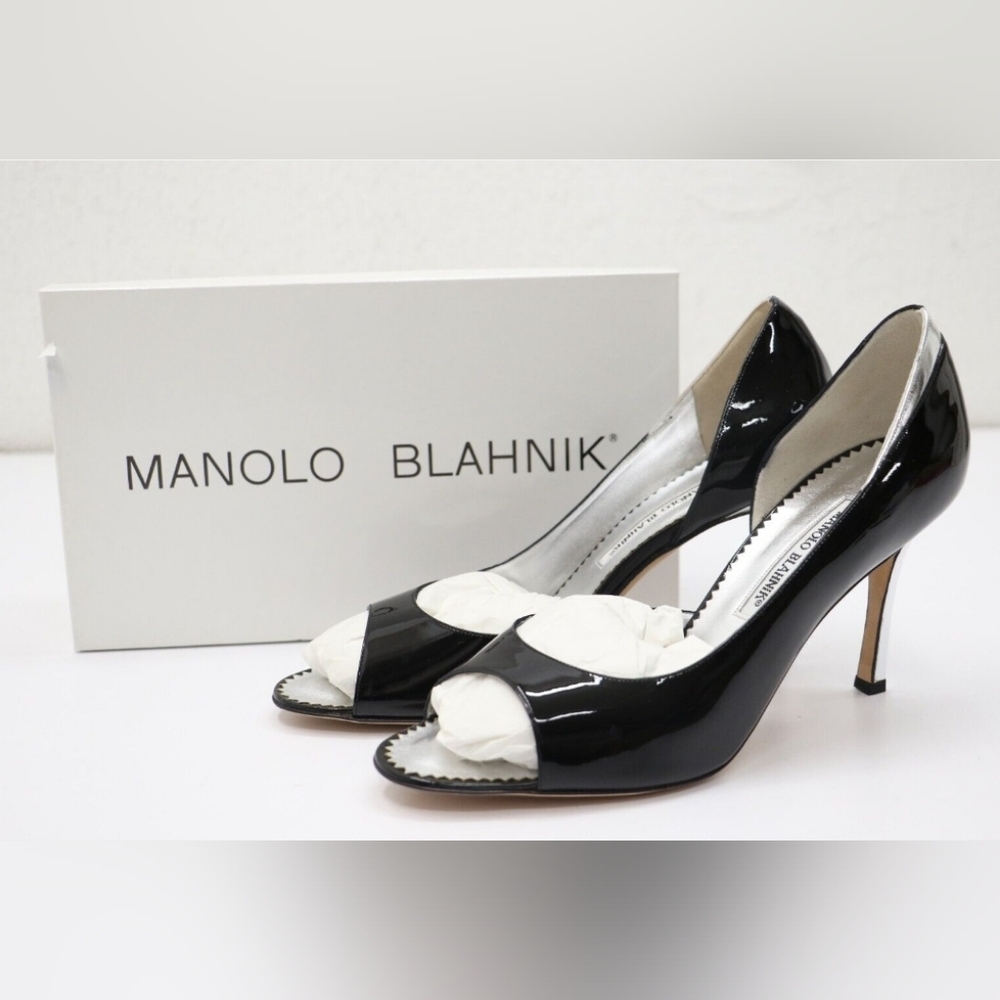 Manolo Blahnik Black and Silver Open-Toed pumps, Size 41